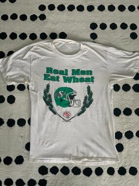 Vintage Saskatchewan Roughriders T-Shirt Mens Med 1989 Real Men Eat Wheat CFL